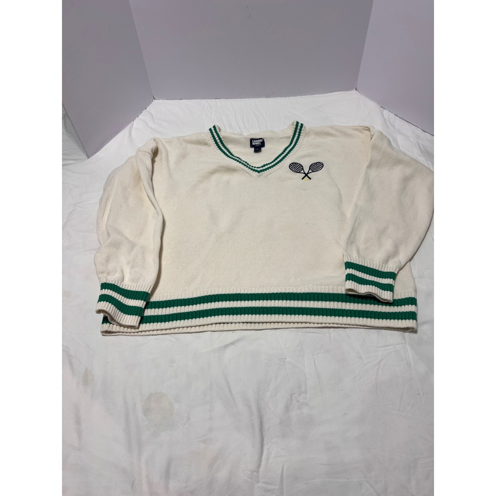 Lands End Drifter V-Neck Tennis Sweater Cream Green Striped Trim Boys L 14-16